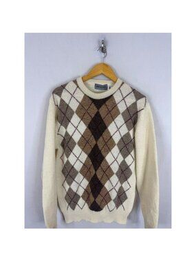 Vintage Eaton Mens Argyle Crewneck Sweater Virgin Wool Cream Brown Size Medium
